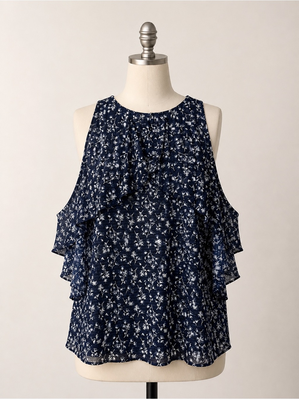 MNG Basics Floral Cold Shoulder Blouse Navy White Size S